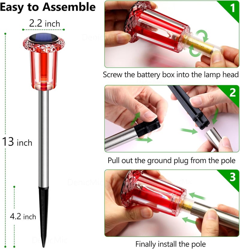 DenicMic Solar Lights Outdoor 10 Pack Waterproof Red White LED Stainless Steel Stake Outside Lights for Yard Pathway Garden Driveway Walkway Landscape Path Lighting Christmas Decorations - Image 3